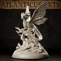 Fairy Dragon Youth by Atlanticus Arts: the dragonling's clawed feet grip a gnarled root, body leaning forward with wings fully extended showing detailed vein textures, feathered hindquarters and a naturalistic base of bark, fungi, and foliage.