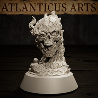 Flameskull by Atlanticus Arts: close view of the leering skull face showing deeply hollowed eye sockets, a broad grinning jaw, and dense flame detail curling around the cranium and jaw line.