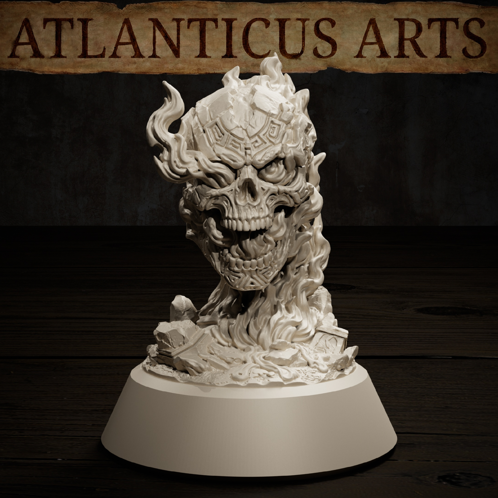 Flameskull by Atlanticus Arts: close view of the leering skull face showing deeply hollowed eye sockets, a broad grinning jaw, and dense flame detail curling around the cranium and jaw line.