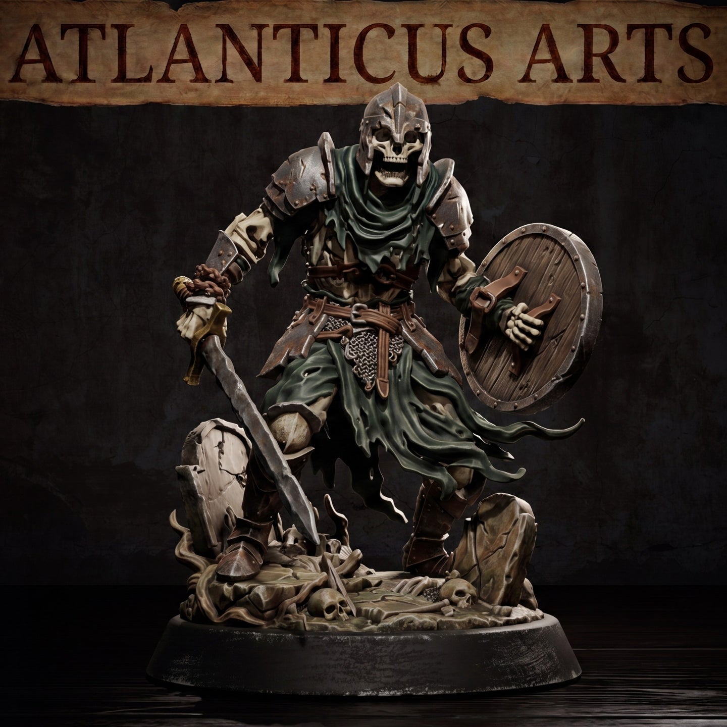Skeleton warrior in battered plate armour and visored helmet advancing with a longsword and round shield, tattered cloak trailing behind exposed ribcage, standing on a detailed base of shattered gravestones, roots and scattered skulls. Sculpt by Atlanticus Arts.