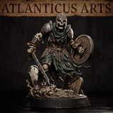 Skeleton warrior in battered plate armour and visored helmet advancing with a longsword and round shield, tattered cloak trailing behind exposed ribcage, standing on a detailed base of shattered gravestones, roots and scattered skulls. Sculpt by Atlanticus Arts.