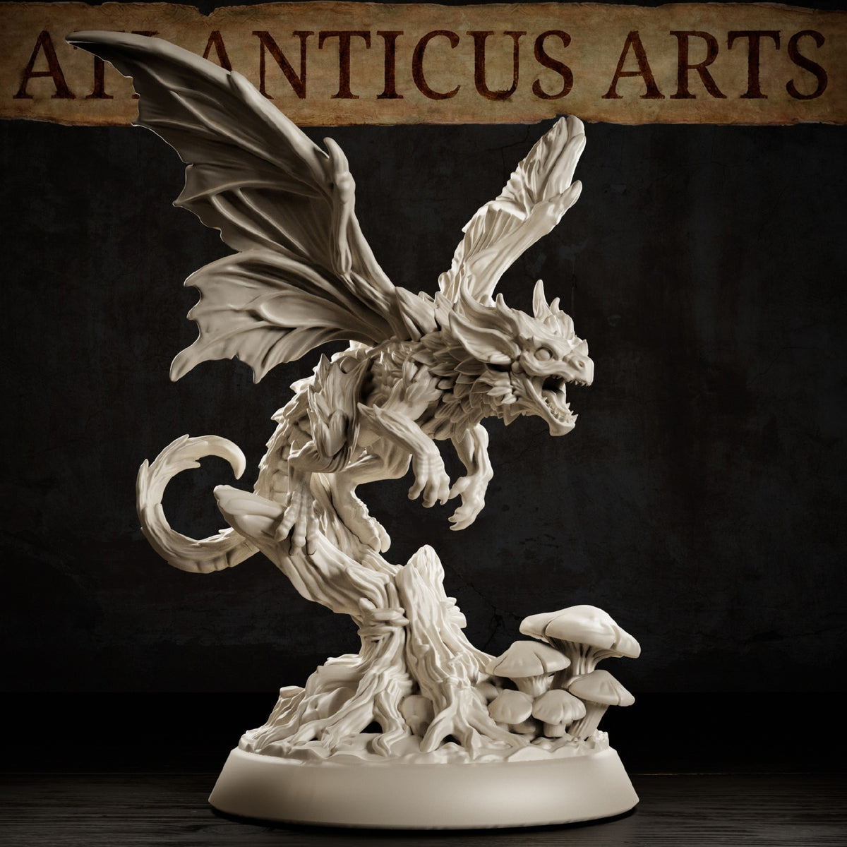 Fairy Dragon Adult by Atlanticus Arts — bat-winged dragon with coiled tail and open jaws, balanced on a gnarled bark stump with sculpted toadstools and tangled roots around the base.