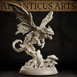 Fairy Dragon Adult by Atlanticus Arts — bat-winged dragon with coiled tail and open jaws, balanced on a gnarled bark stump with sculpted toadstools and tangled roots around the base.