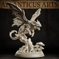 Fairy Dragon Adult by Atlanticus Arts — bat-winged dragon with coiled tail and open jaws, balanced on a gnarled bark stump with sculpted toadstools and tangled roots around the base.