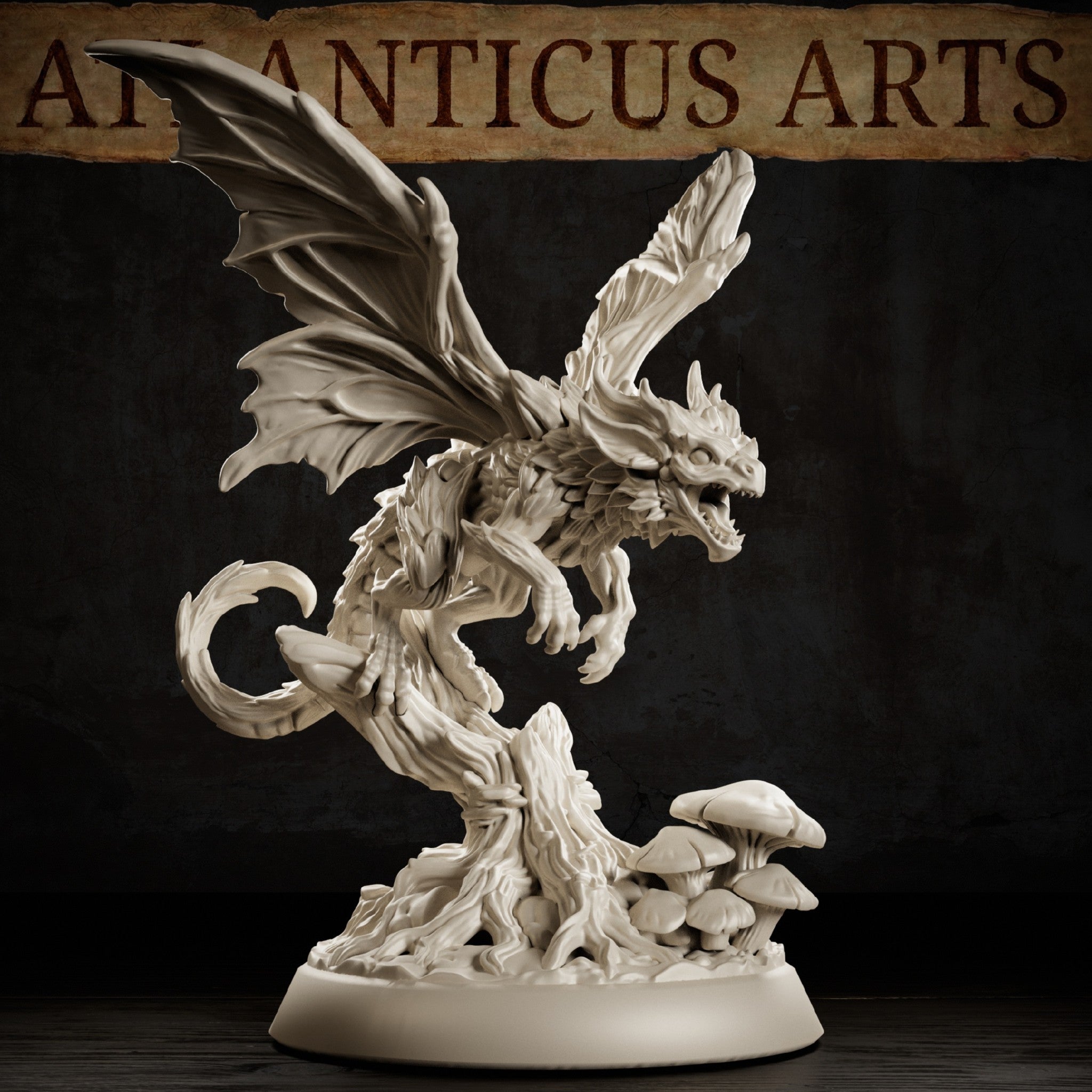 Fairy Dragon Adult by Atlanticus Arts — bat-winged dragon with coiled tail and open jaws, balanced on a gnarled bark stump with sculpted toadstools and tangled roots around the base.