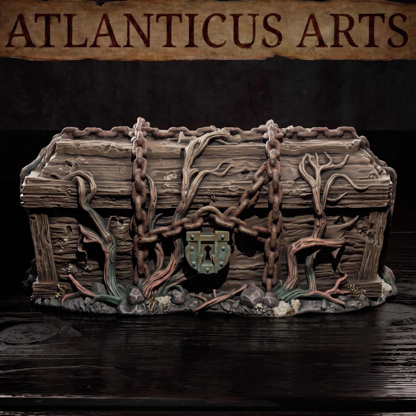 Aged wooden coffin-chest bound with looping rusted chain links draped over the lid and sides, roots and creeping vines threading across the worn planks, a corroded keyhole lock at the front. Rocky and root-scattered base. Sculpt by Atlanticus Arts.