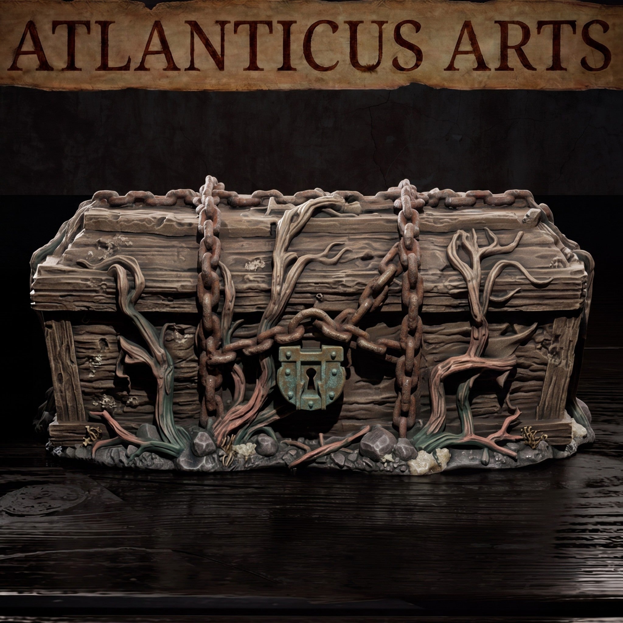 Aged wooden coffin-chest bound with looping rusted chain links draped over the lid and sides, roots and creeping vines threading across the worn planks, a corroded keyhole lock at the front. Rocky and root-scattered base. Sculpt by Atlanticus Arts.