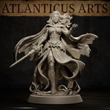 Close-up of vampire swordswoman showing detailed feather-patterned breastplate, flowing cape with ragged edges, confident expression, sword gripped at her hip, and tangled thorned debris at her feet. By Atlanticus Arts.