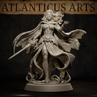 Close-up of vampire swordswoman showing detailed feather-patterned breastplate, flowing cape with ragged edges, confident expression, sword gripped at her hip, and tangled thorned debris at her feet. By Atlanticus Arts.