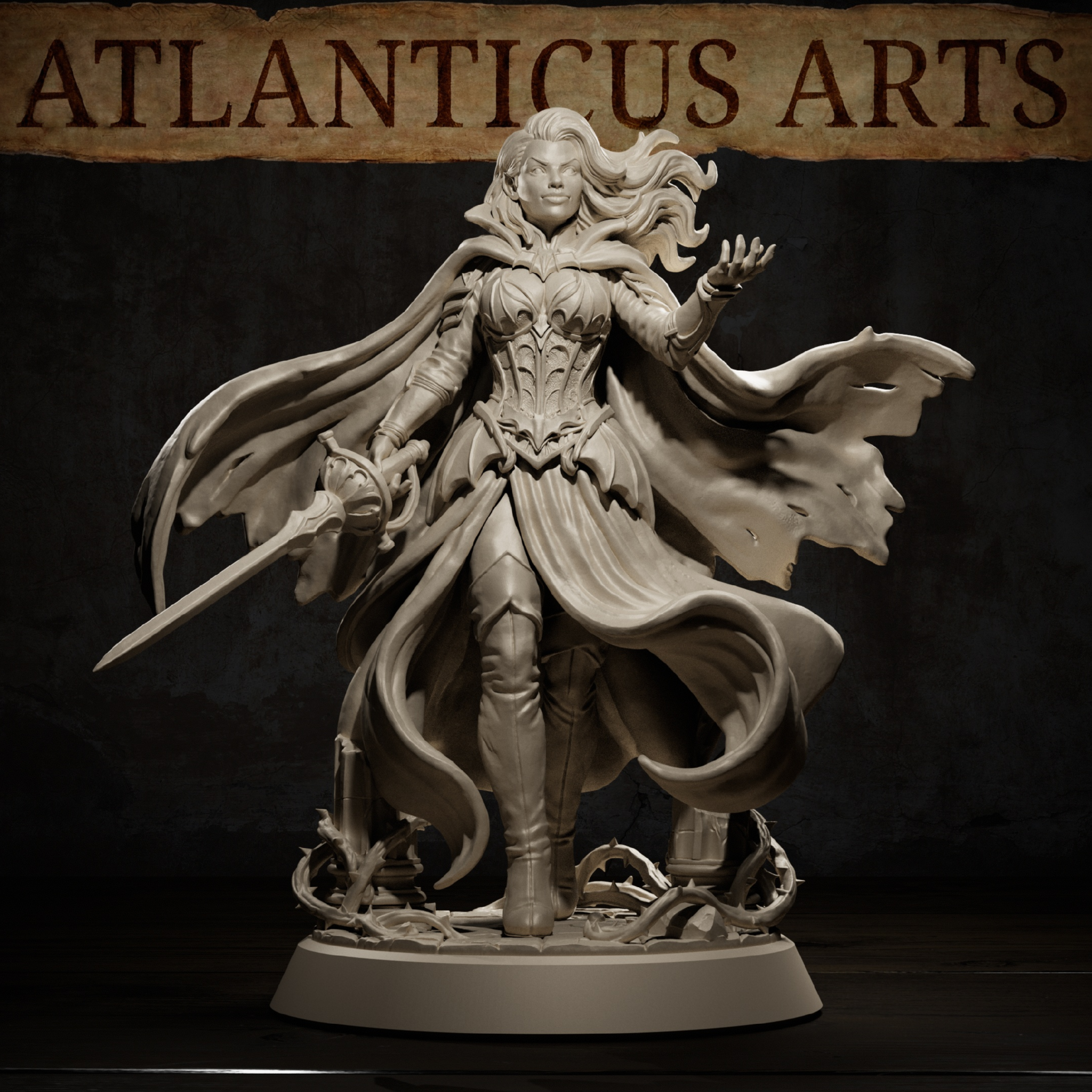 Close-up of vampire swordswoman showing detailed feather-patterned breastplate, flowing cape with ragged edges, confident expression, sword gripped at her hip, and tangled thorned debris at her feet. By Atlanticus Arts.