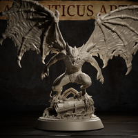 Vampire Lord with vast bat-like wings fully spread — one wing ragged and torn, the other taut with splayed bone spurs — crouching above a ruined coffin and broken flagstone base. Sculpt by Atlanticus Arts.