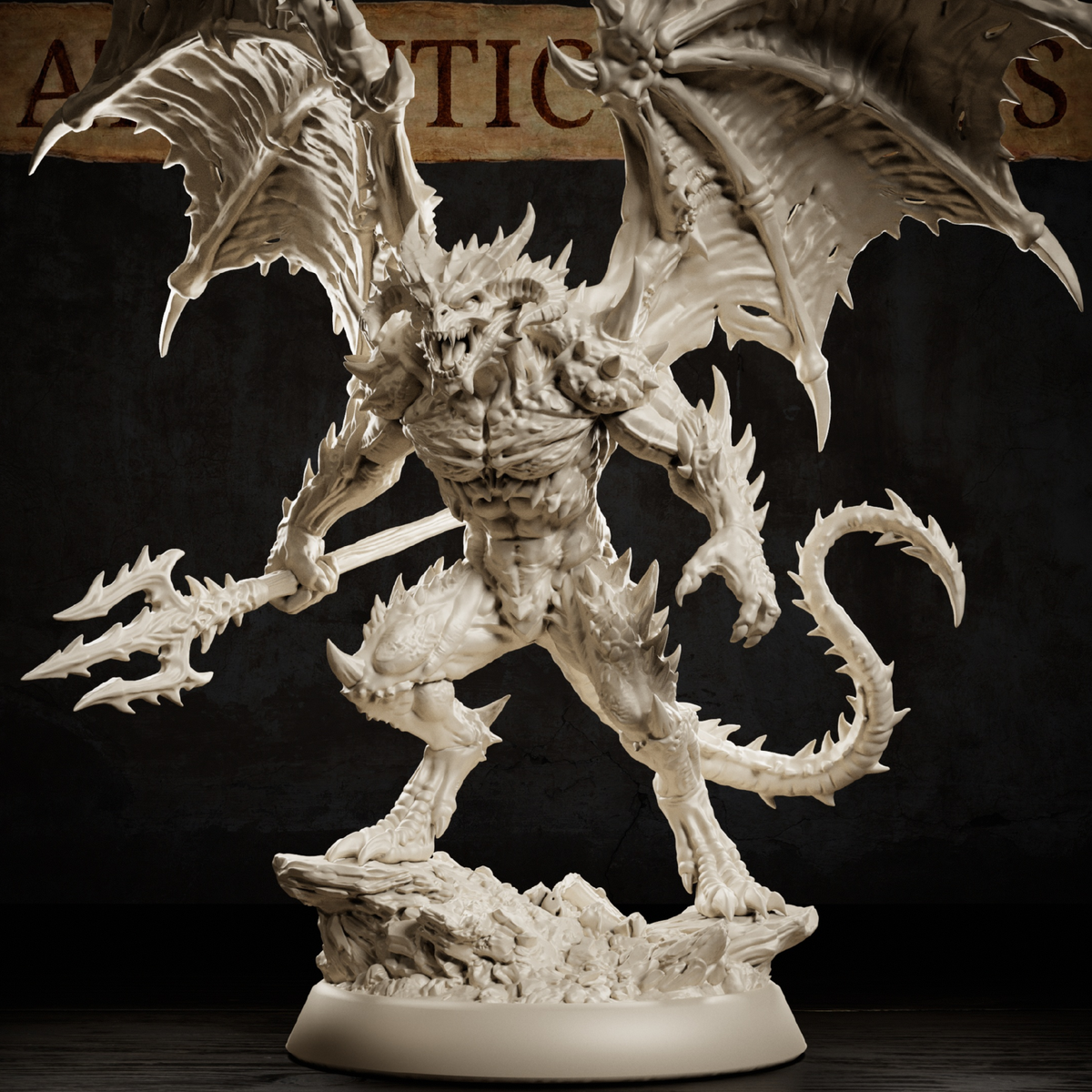 Spined Devil miniature by Atlanticus Arts — winged fiend clutching a barbed trident, spine-ridged body mid-lunge, snarling open jaw, standing on a rubble scenic base. Grey resin.