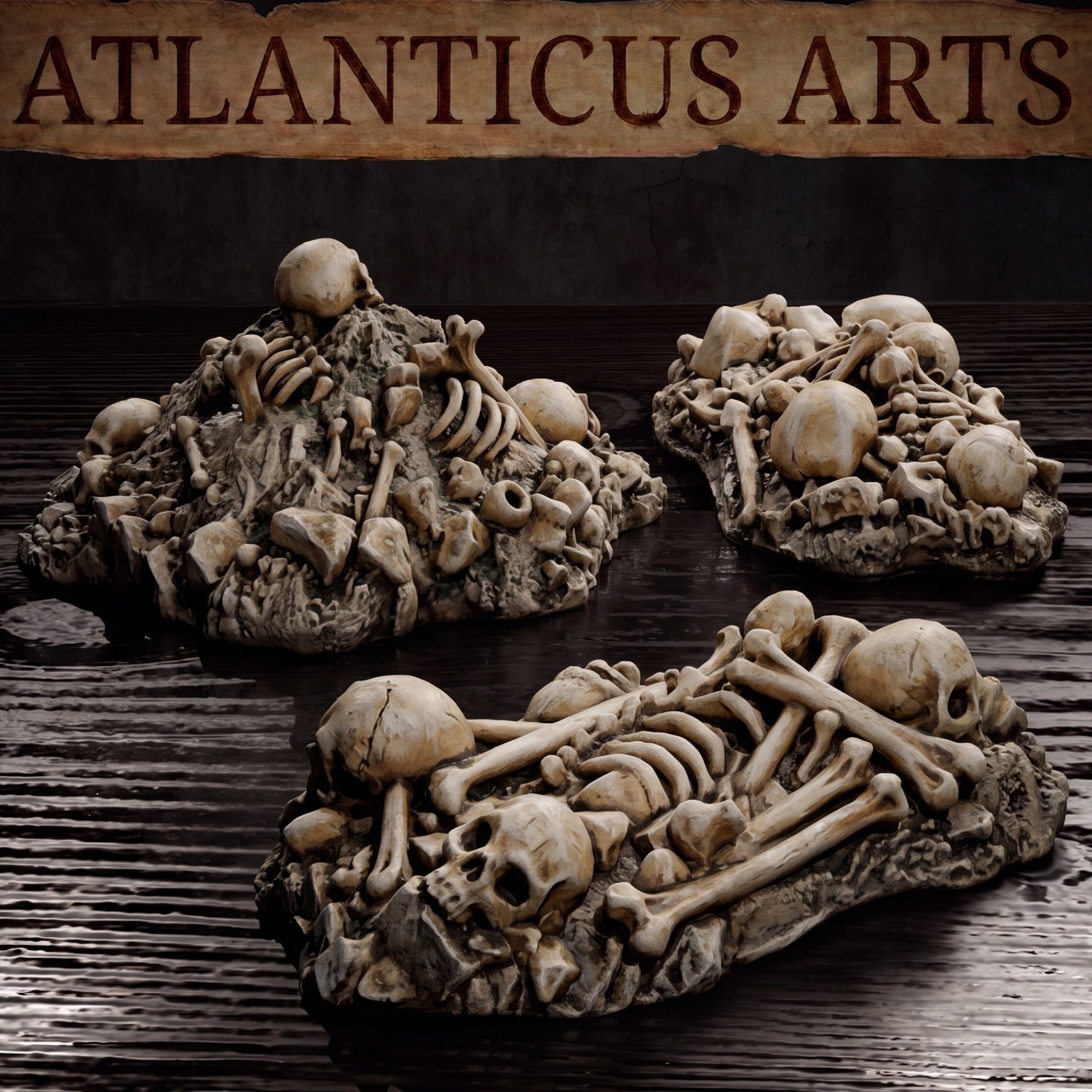 Close view of three Atlanticus Arts bone pile terrain pieces on a dark surface — mounded skull heaps with layered bones and a flat elongated piece showing multiple skeletal forms with visible ribcages and cranial detail.
