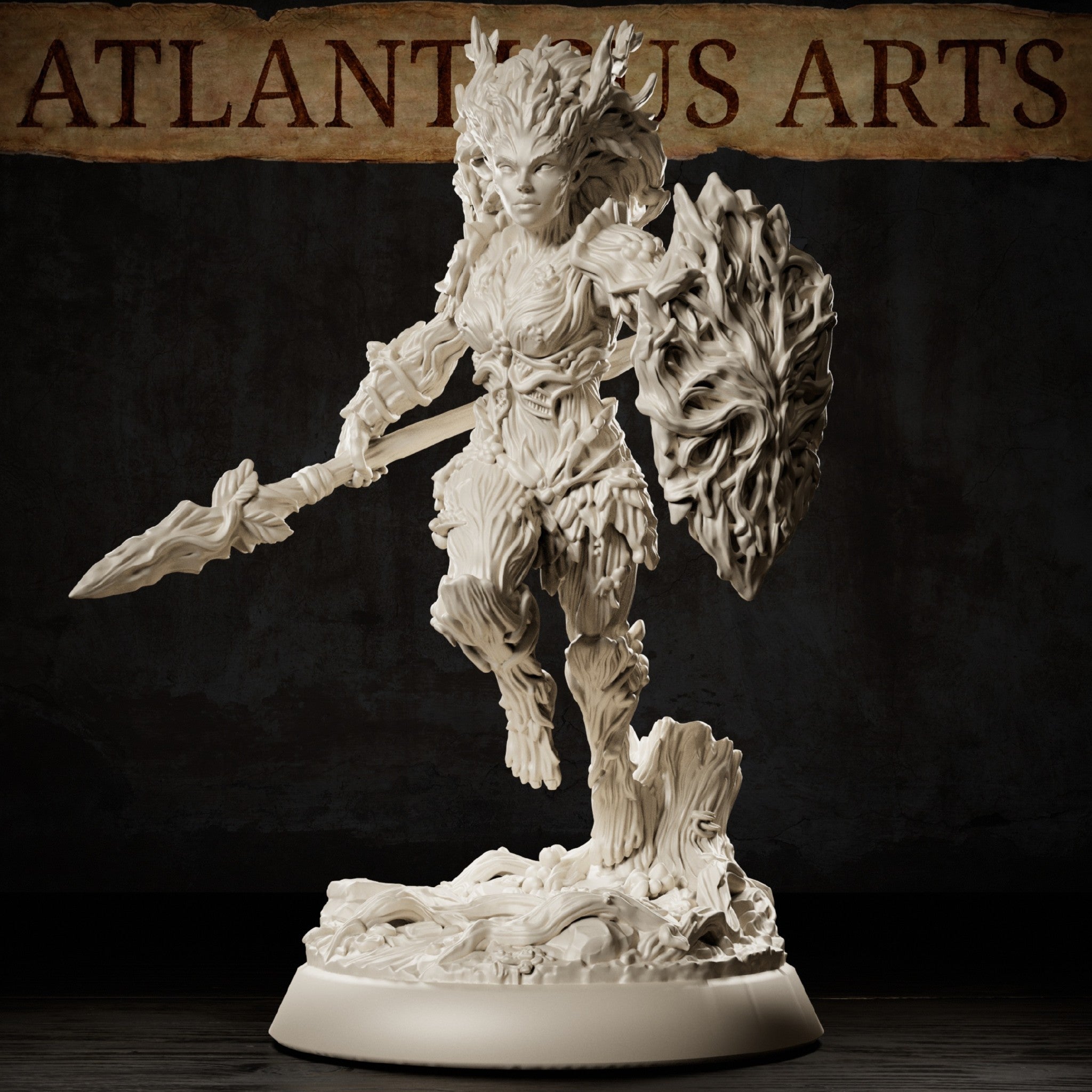 Dryad Warrior by Atlanticus Arts: female warrior with bark and wood-grain body armour, spear levelled low, twisted nature-face shield raised, antler-branch crown, detailed root and stump base visible beneath her raised knee.