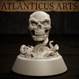 Demilich skull by Atlanticus Arts shown close up, revealing deeply carved facial planes, hollow sockets, and coiling wraith-like energy tendrils across a crumbling stone base.