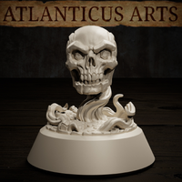 Demilich skull by Atlanticus Arts shown close up, revealing deeply carved facial planes, hollow sockets, and coiling wraith-like energy tendrils across a crumbling stone base.