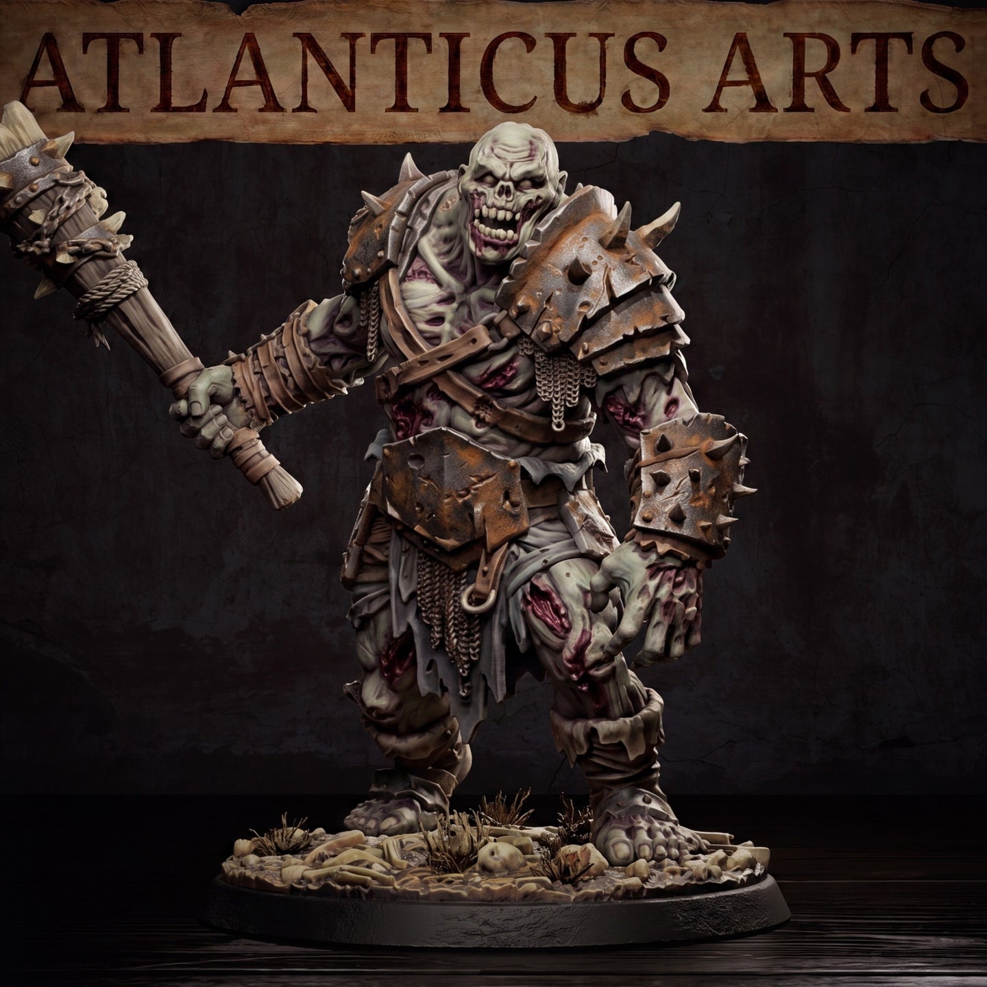 Atlanticus Arts undead ogre sculpt shown full-length, heavily built with spiked pauldron and bracers, rotting pale flesh split at the joints, ragged wrappings at the waist, standing over a debris-strewn ground base.