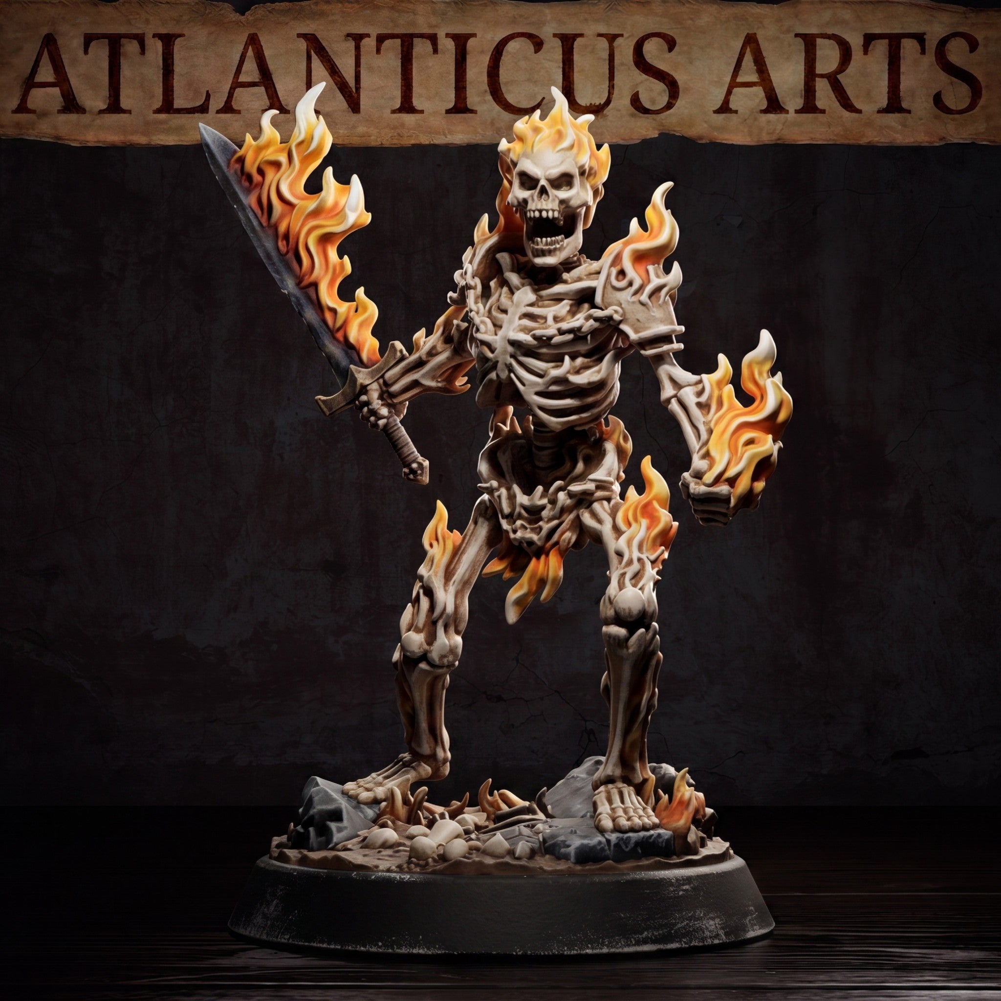Flaming skeleton miniature clutching a flame-engulfed broadsword at mid-height, cracked ribcage visible, skull crowned with tall fire, posed on a rubble and skull-scattered scenic base. Sculpt by Atlanticus Arts.