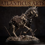 Full skeleton warhorse in a forward-leaning stride pose, spiked armoured barding across head and chest, chain bridle at jaw, leather saddle across bare spine, standing on a rubble and bone-strewn base. By Atlanticus Arts.