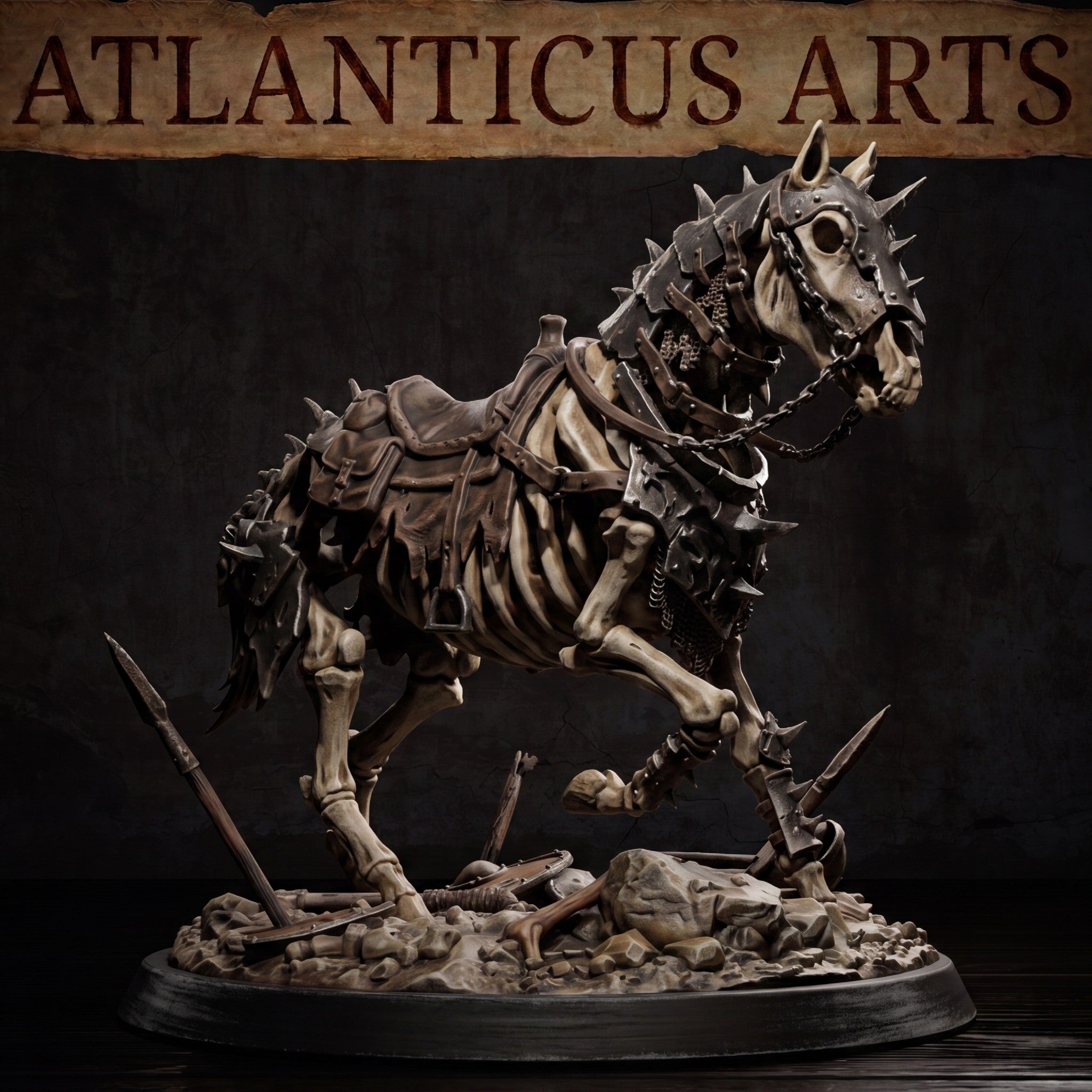 Full skeleton warhorse in a forward-leaning stride pose, spiked armoured barding across head and chest, chain bridle at jaw, leather saddle across bare spine, standing on a rubble and bone-strewn base. By Atlanticus Arts.