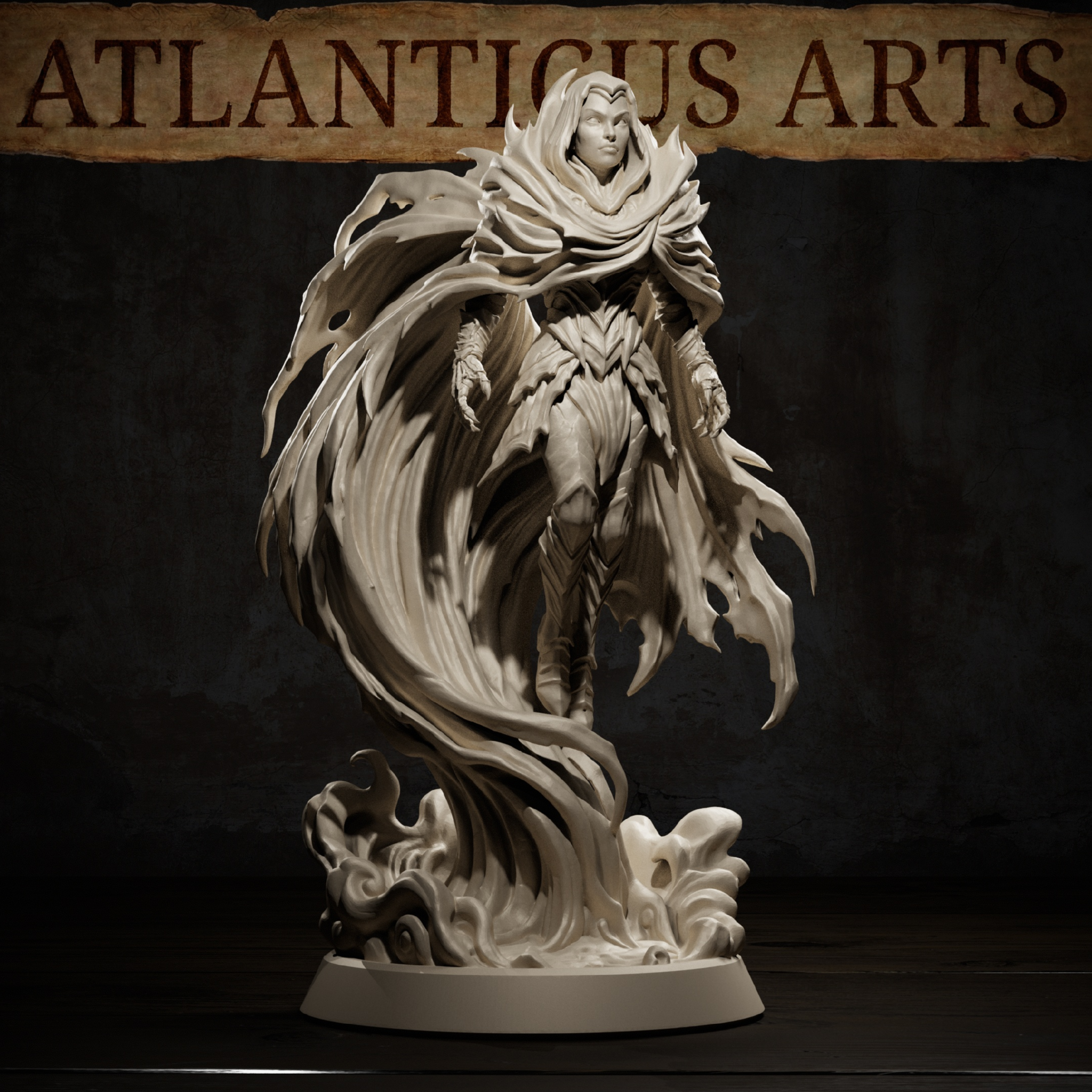 Vampire Umbral Lord by Atlanticus Arts — composed, sharp-featured face visible beneath a sweeping hood, armoured torso with pointed plate sections, vast cloak swirling around legs and a sculpted shadow-wave base.
