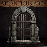Arched stone dungeon gate with vertical iron bars tapering to spear points, thick riveted horizontal brace, prominent keyhole, and rough-hewn stone columns with tumbled rubble at the feet. Sculpt by Atlanticus Arts.