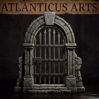 Arched stone dungeon gate with vertical iron bars tapering to spear points, thick riveted horizontal brace, prominent keyhole, and rough-hewn stone columns with tumbled rubble at the feet. Sculpt by Atlanticus Arts.