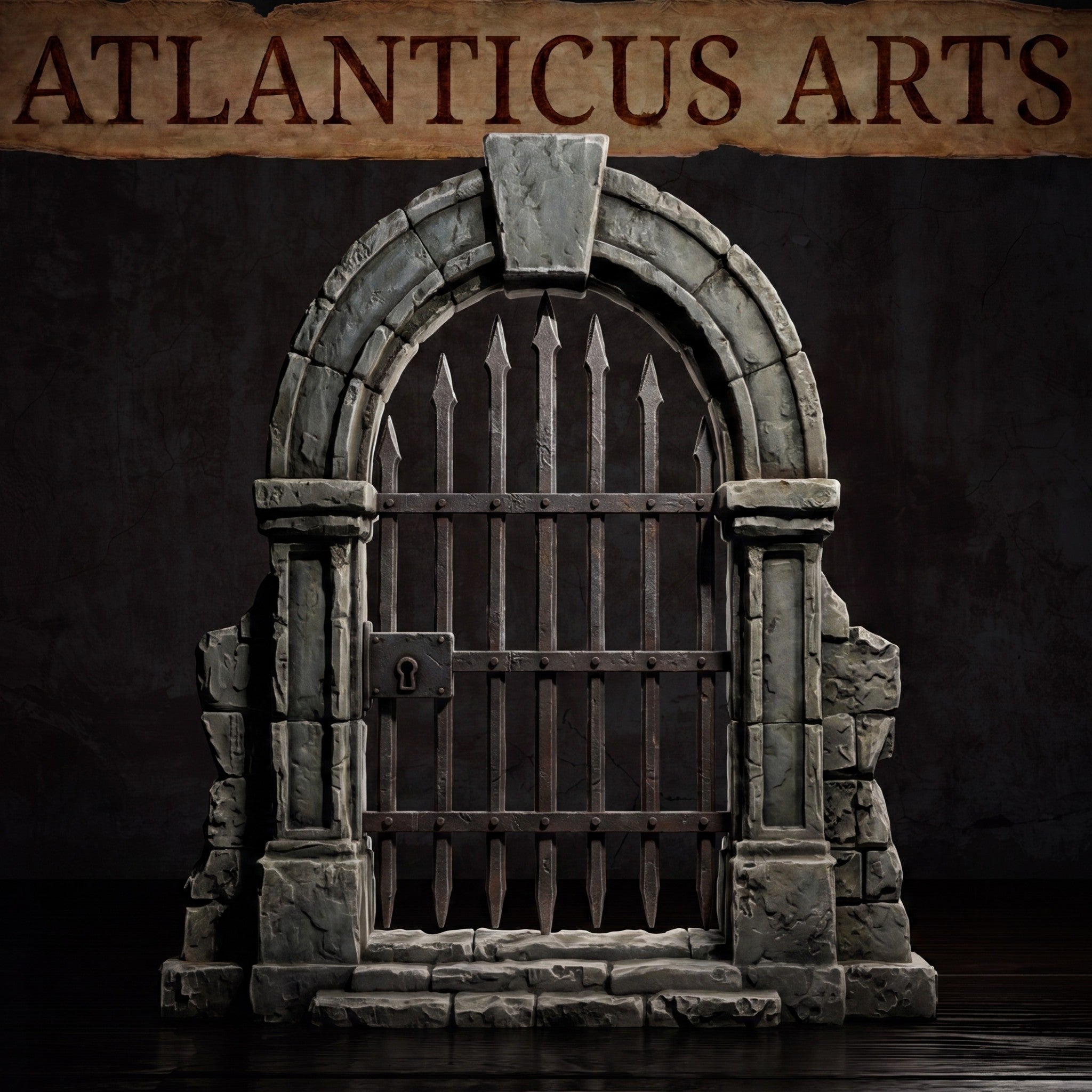 Arched stone dungeon gate with vertical iron bars tapering to spear points, thick riveted horizontal brace, prominent keyhole, and rough-hewn stone columns with tumbled rubble at the feet. Sculpt by Atlanticus Arts.