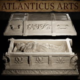 Close view of the Atlanticus Arts vampire coffin showing carved fleur-de-lis exterior panels, iron bracket fittings on the lid, acanthus scrollwork along the base, and four gargoyle figures at the corners.