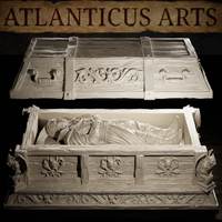 Close view of the Atlanticus Arts vampire coffin showing carved fleur-de-lis exterior panels, iron bracket fittings on the lid, acanthus scrollwork along the base, and four gargoyle figures at the corners.
