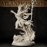Dryad Spellcaster by Atlanticus Arts — leaping female fey figure clutching a twisted branch staff, wind-swept hair adorned with small flowers, layered organic robes blending into leaves and bark, detailed botanical scenic base with spreading roots and ground flora visible beneath her.