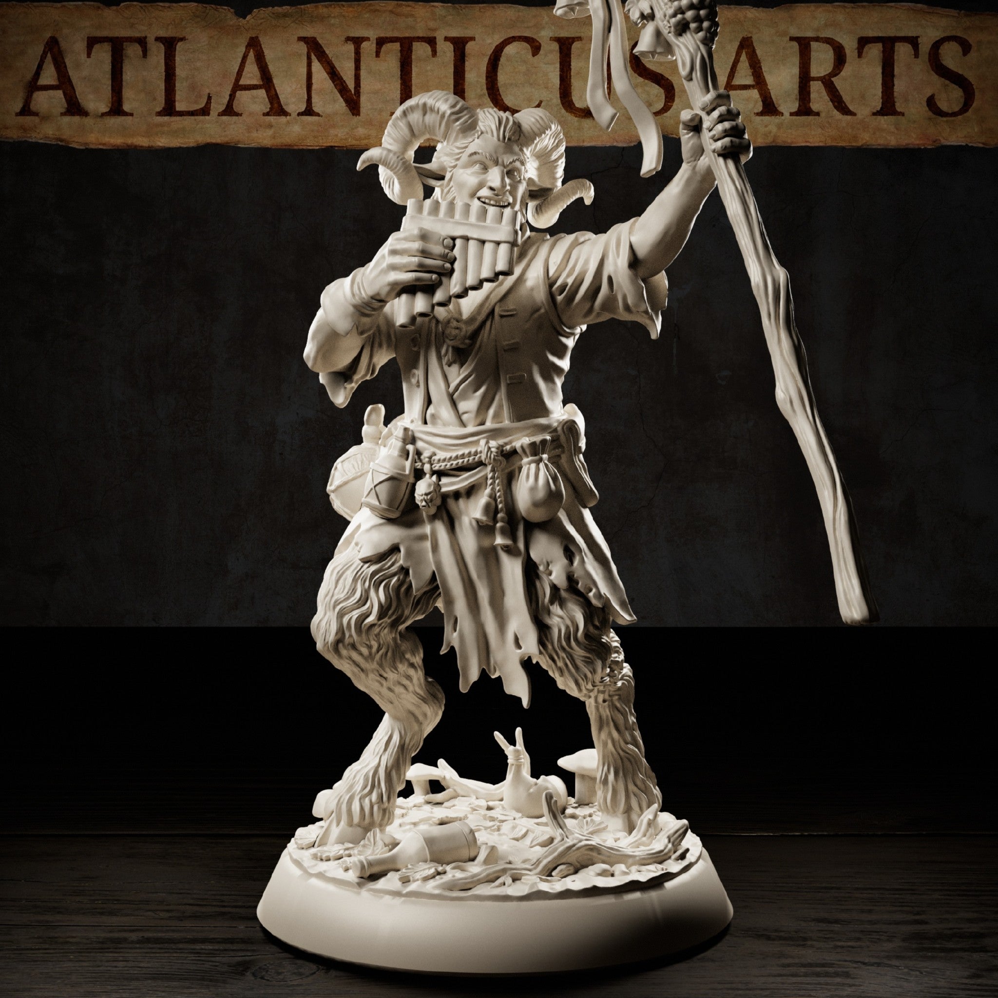 Satyr miniature with curved ram horns, smiling expression, playing pan pipes with one hand and raising a vine-wrapped staff with the other, tattered open shirt and belt of pouches at his waist, thick fur on his lower body, on a debris-strewn scenic base with mushrooms. Sculpt by Atlanticus Arts.