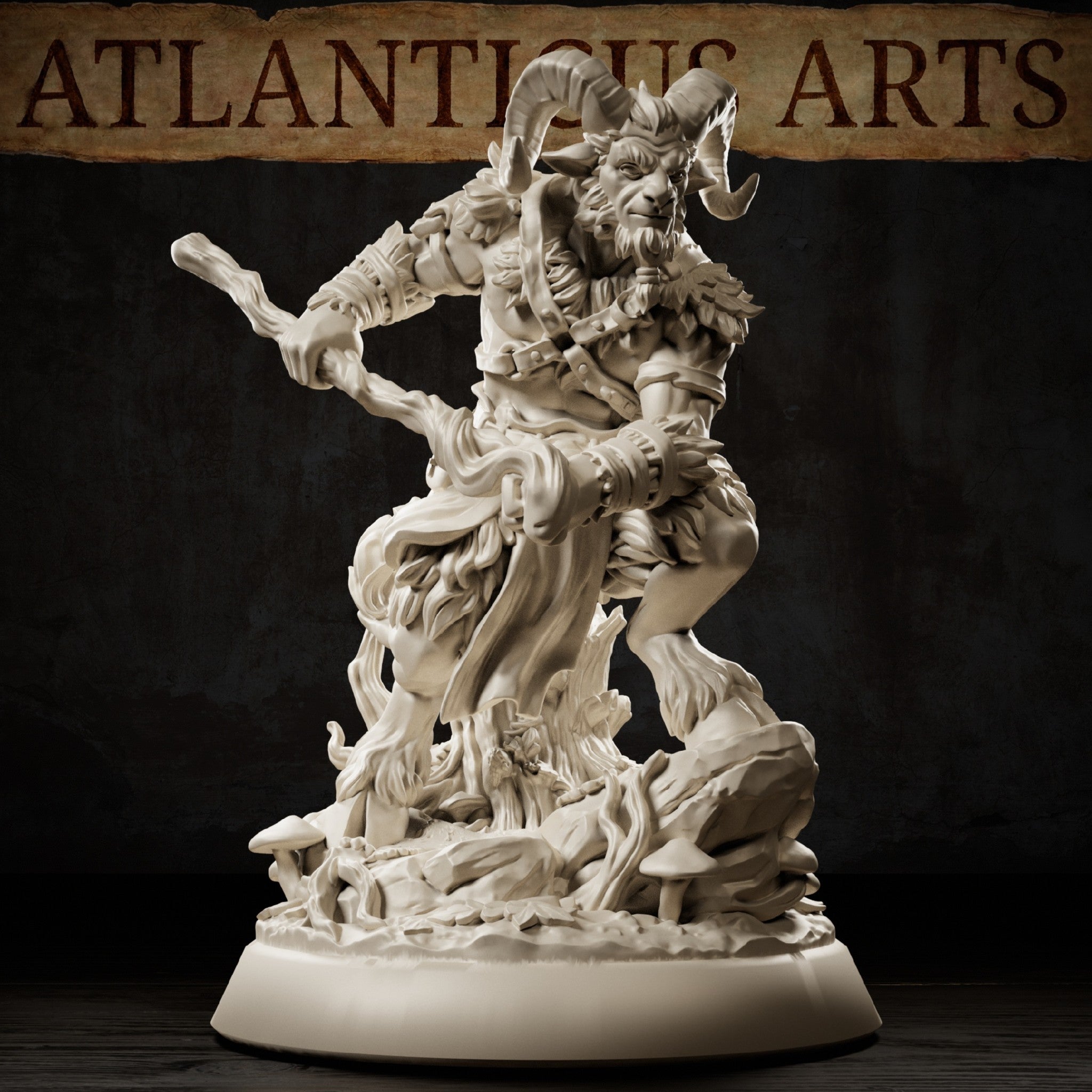 Satyr miniature with large curling ram horns and short beard, dynamic striding pose, billowing cape, wide leather belt, bracers, standing over twisted roots and small mushrooms. Sculpt by Atlanticus Arts.