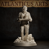 Close-perspective render of the same undead butler miniature by Atlanticus Arts — gaunt face with deeply set eyes and slack jaw clearly visible, tailcoat draped over a wasted frame, both hands supporting a tray with two engraved goblets. Debris base.