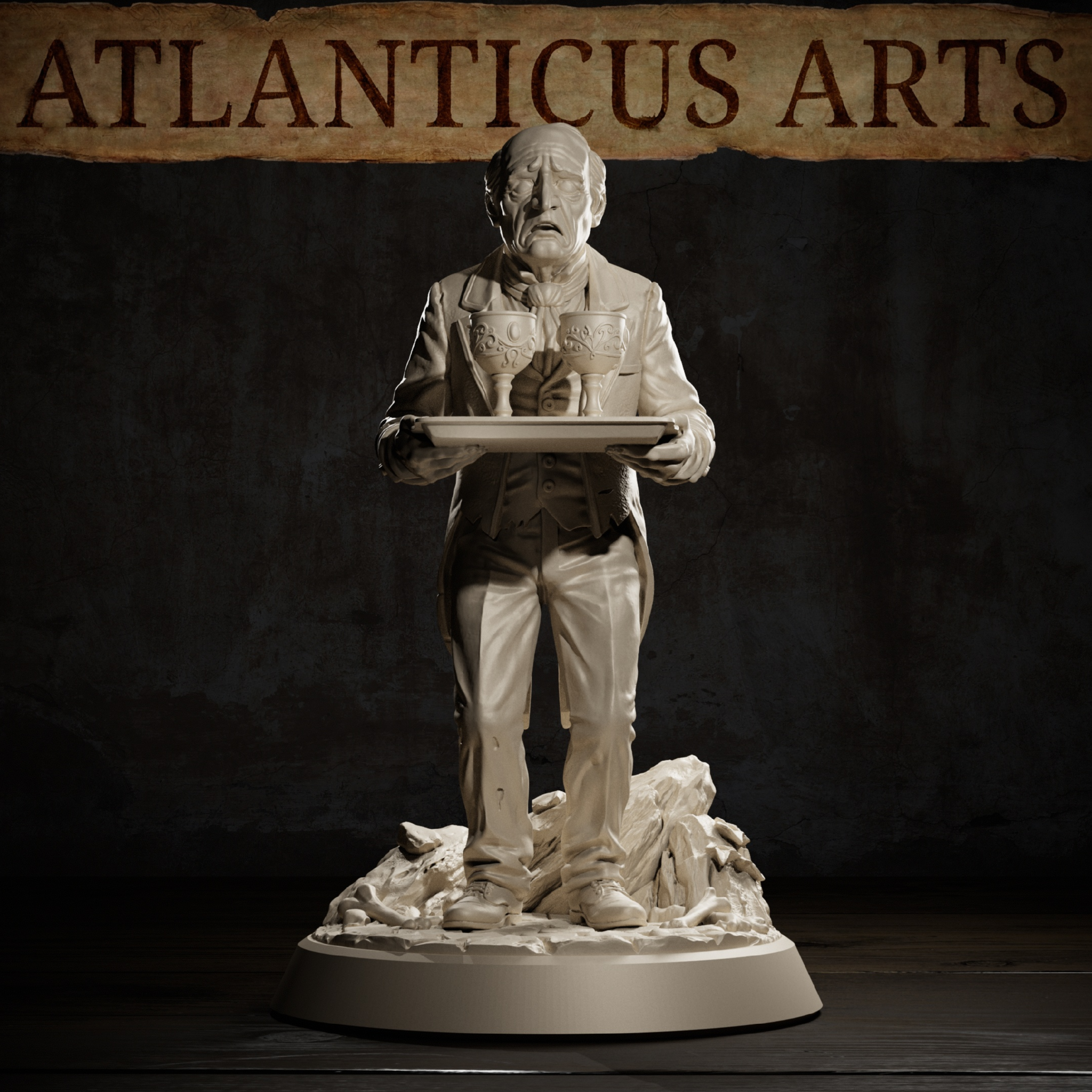 Close-perspective render of the same undead butler miniature by Atlanticus Arts — gaunt face with deeply set eyes and slack jaw clearly visible, tailcoat draped over a wasted frame, both hands supporting a tray with two engraved goblets. Debris base.