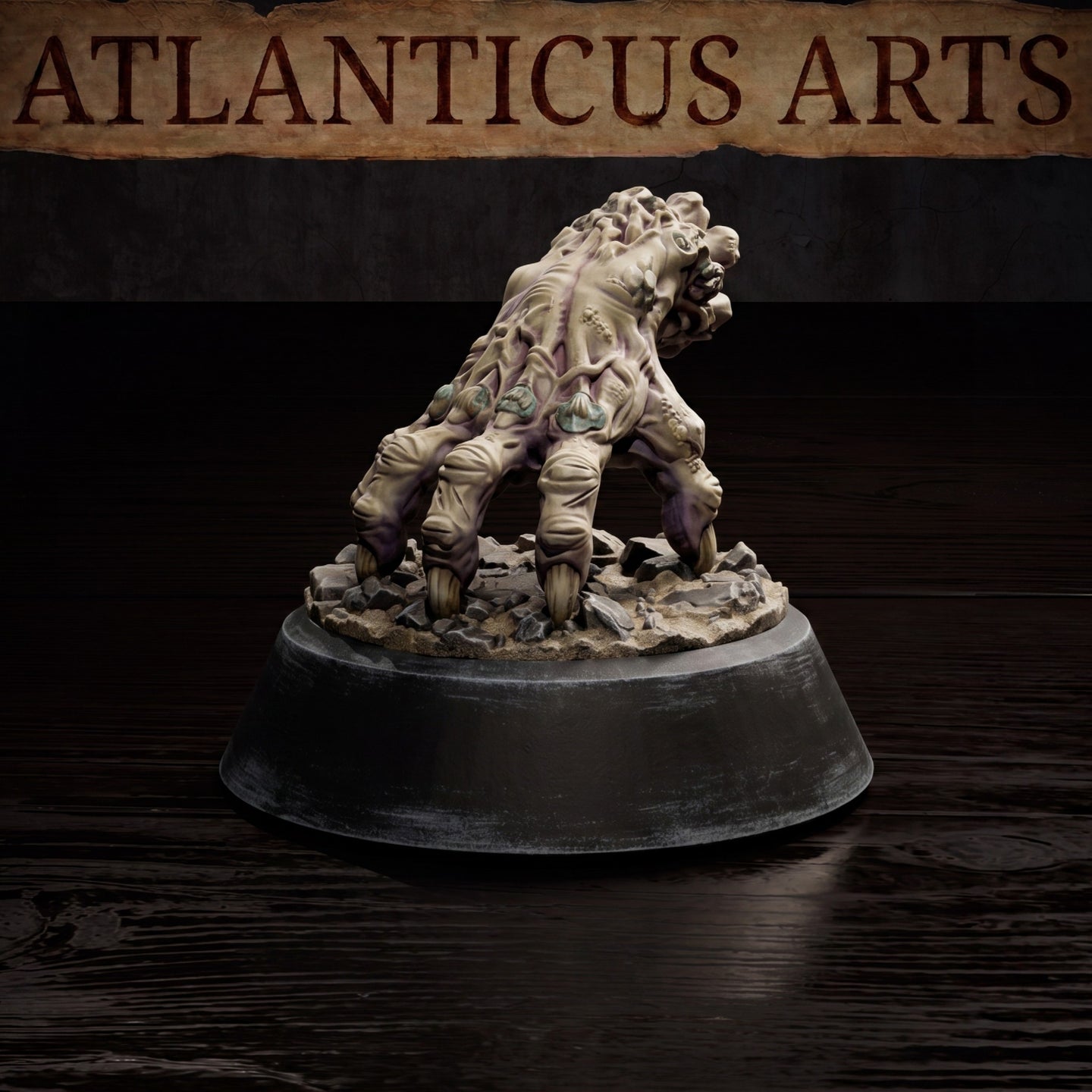Crawling Claws by Atlanticus Arts: the grotesque fused-limb body seen from a wider angle, knuckled hands splayed against broken stone rubble, necrotic growths and turquoise pustules visible across the torso, leaning hunched posture.