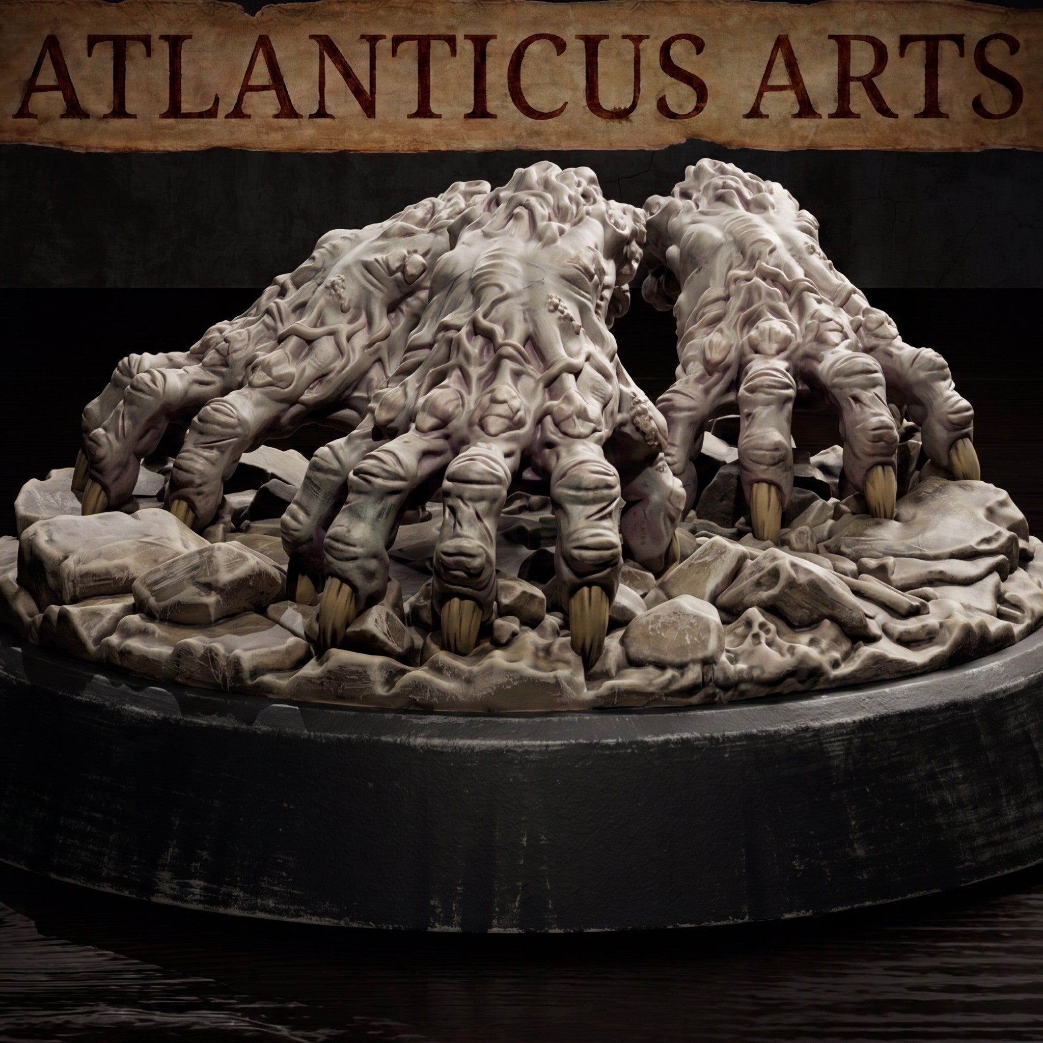 Close overhead view of the Crawling Claws swarm by Atlanticus Arts, showing the mass of reaching fingers spreading outward across a rocky, debris-covered base with visible claw tips and knotted knuckle detail.