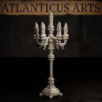 Gothic seven-arm candelabra showing acanthus-leaf flourishes at branch junctions, sculpted wax drips trailing down each candle shaft, broad stepped base with curling feet. Sculpt by Atlanticus Arts.