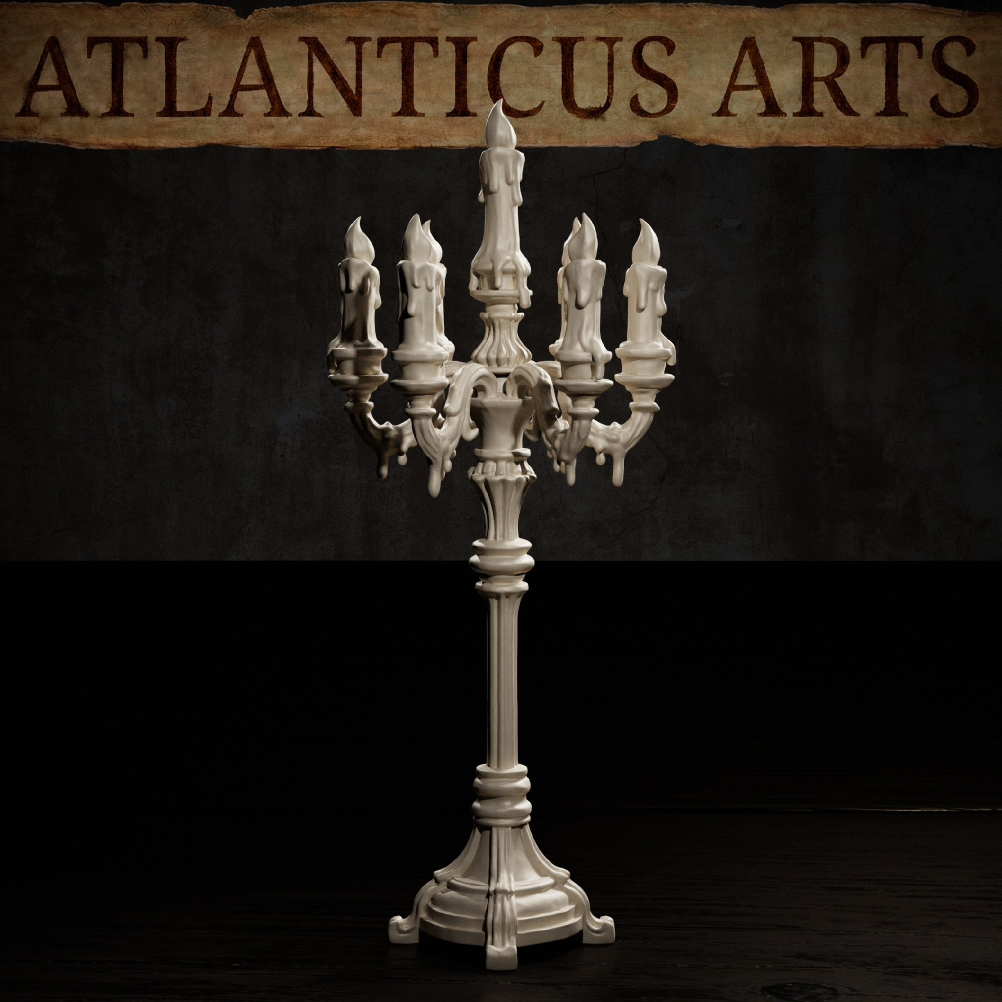 Gothic seven-arm candelabra showing acanthus-leaf flourishes at branch junctions, sculpted wax drips trailing down each candle shaft, broad stepped base with curling feet. Sculpt by Atlanticus Arts.