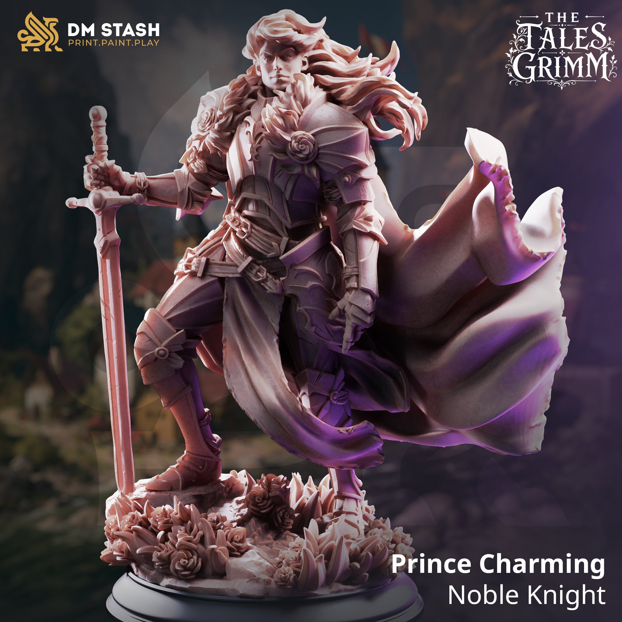 Prince Charming Noble Knight by DM Stash — rear view emphasising the full sweep of the billowing cape, rose detailing on the back plate, longsword held to the right, scenic base of roses and shards below.