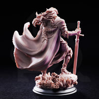 Prince Charming Noble Knight by DM Stash — armoured figure with flowing long hair, rose-etched breastplate, longsword planted at side, billowing cape, standing on a rose and crystal scenic base.