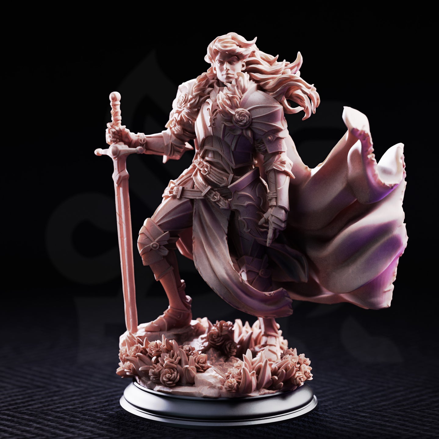 Prince Charming Noble Knight by DM Stash — three-quarter angle showing rose motifs on pauldron and chest, swept-back hair, gauntleted hand gripping longsword hilt, dramatic cape fanning to the right.