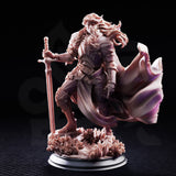Prince Charming Noble Knight by DM Stash — three-quarter angle showing rose motifs on pauldron and chest, swept-back hair, gauntleted hand gripping longsword hilt, dramatic cape fanning to the right.
