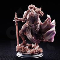 Prince Charming Noble Knight by DM Stash — three-quarter angle showing rose motifs on pauldron and chest, swept-back hair, gauntleted hand gripping longsword hilt, dramatic cape fanning to the right.