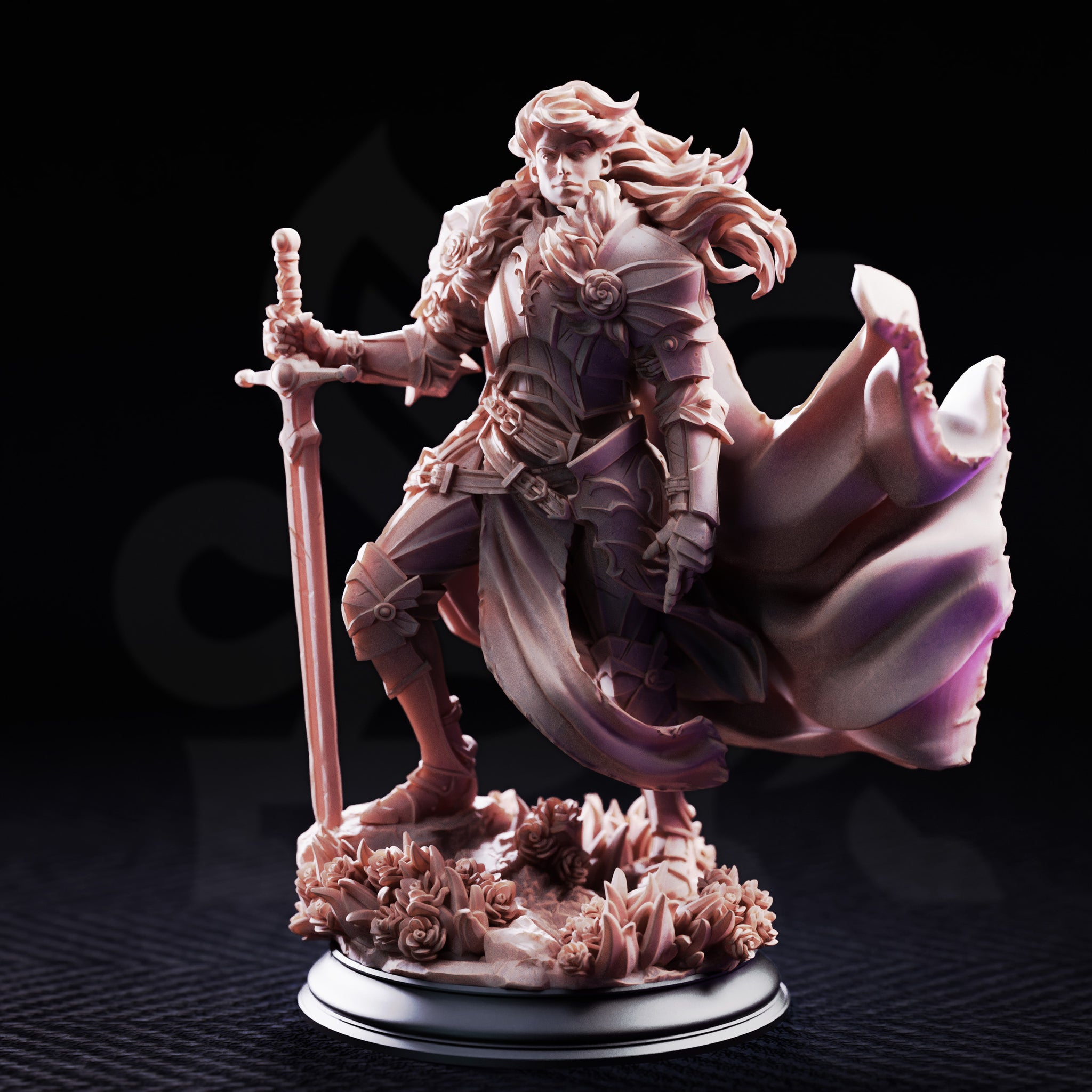 Prince Charming Noble Knight by DM Stash — three-quarter angle showing rose motifs on pauldron and chest, swept-back hair, gauntleted hand gripping longsword hilt, dramatic cape fanning to the right.