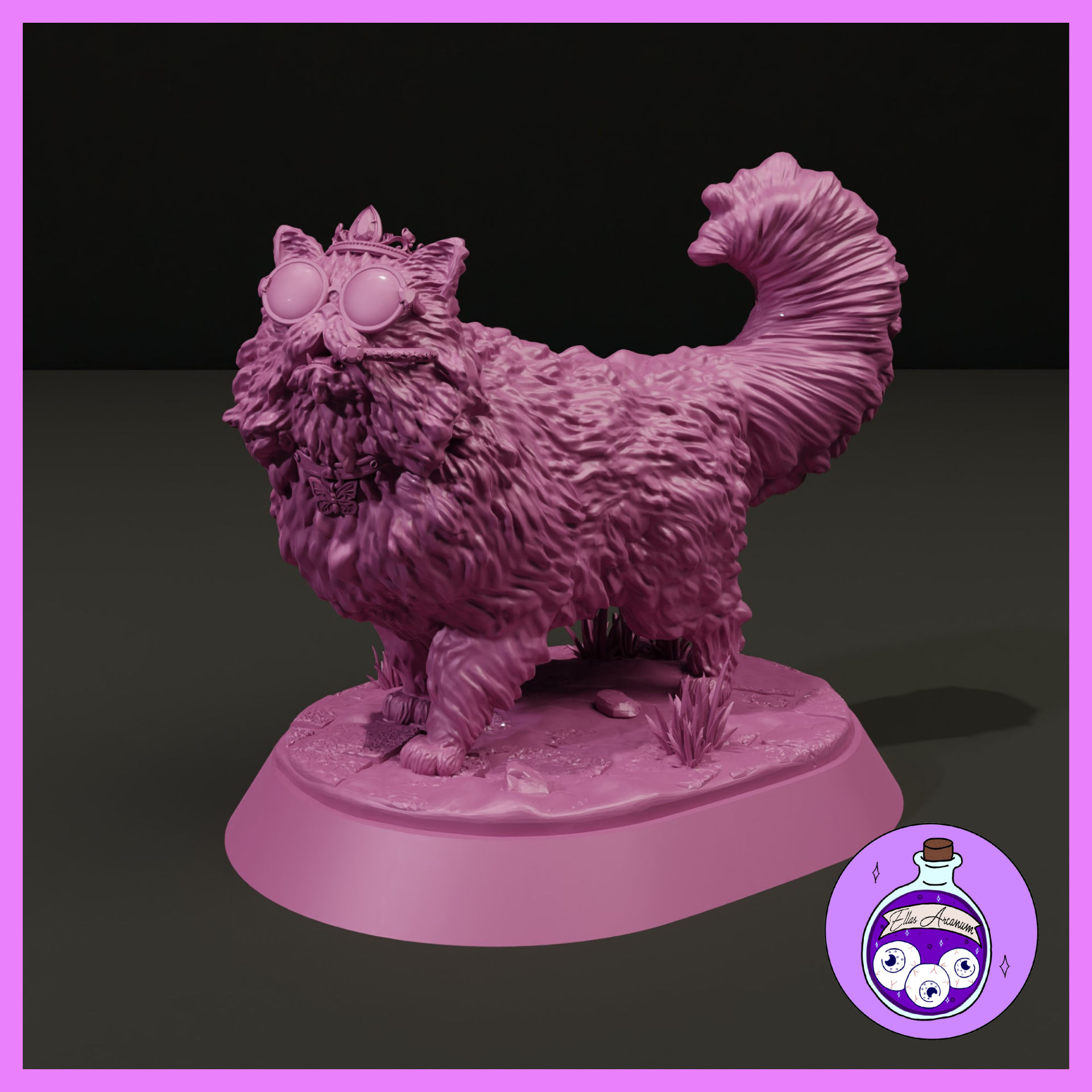Unpainted mauve resin display miniature of Princess Donut at 1:12 scale — an enormous magnificently fluffy Persian-style cat wearing oversized round spectacles and a jewelled crown, butterfly charm hanging from her collar, tail curled imperiously upward. Sculpted by Ella's Arcanum Minis.