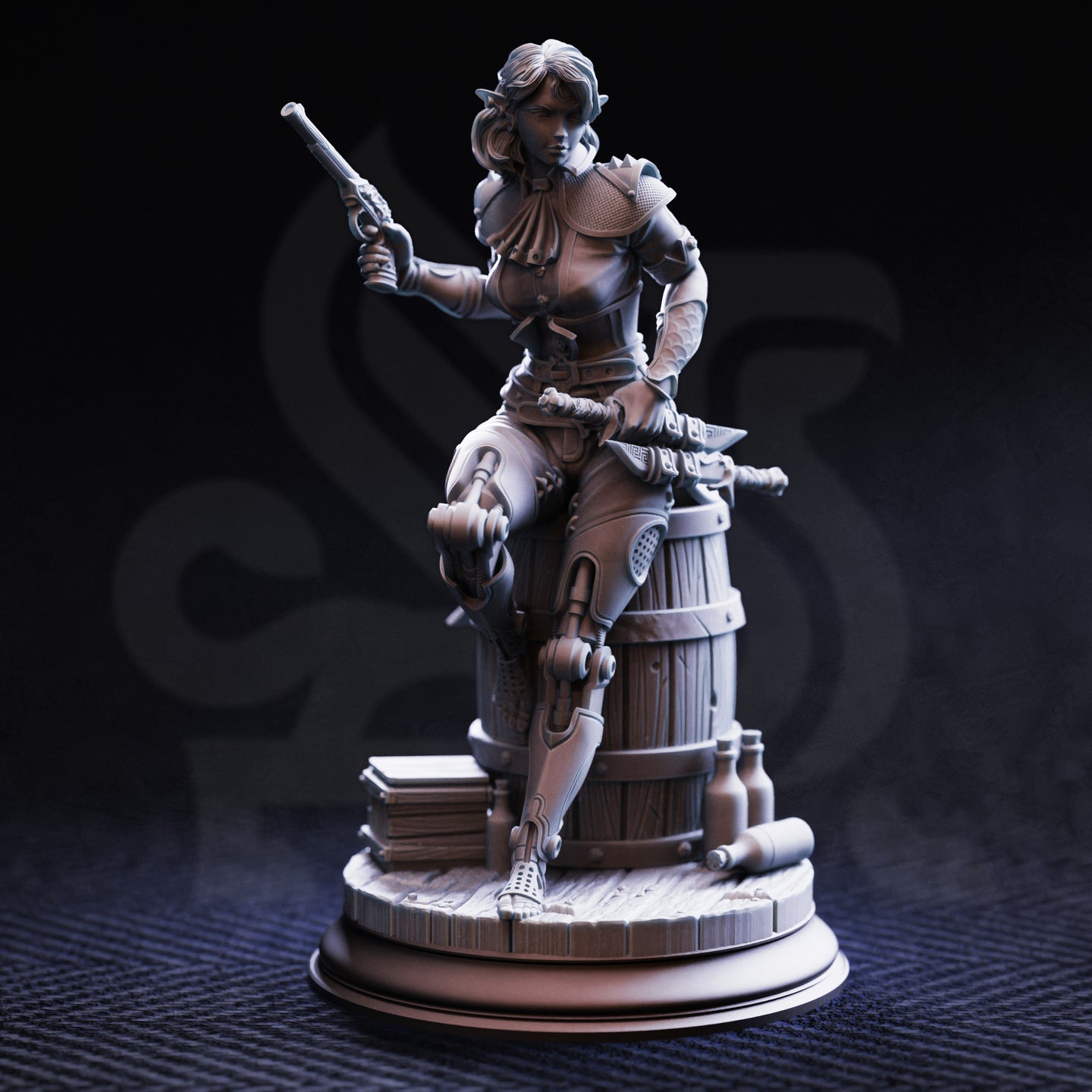 Front-facing grey resin render of Priscilia Stix miniature, showing detailed scale-backed bracers, articulated pauldrons, studded leather bodice, artificed mechanical lower leg, and a richly detailed barrel base with scattered bottles and stacked books