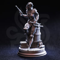 Front-facing grey resin render of Priscilia Stix miniature, showing detailed scale-backed bracers, articulated pauldrons, studded leather bodice, artificed mechanical lower leg, and a richly detailed barrel base with scattered bottles and stacked books