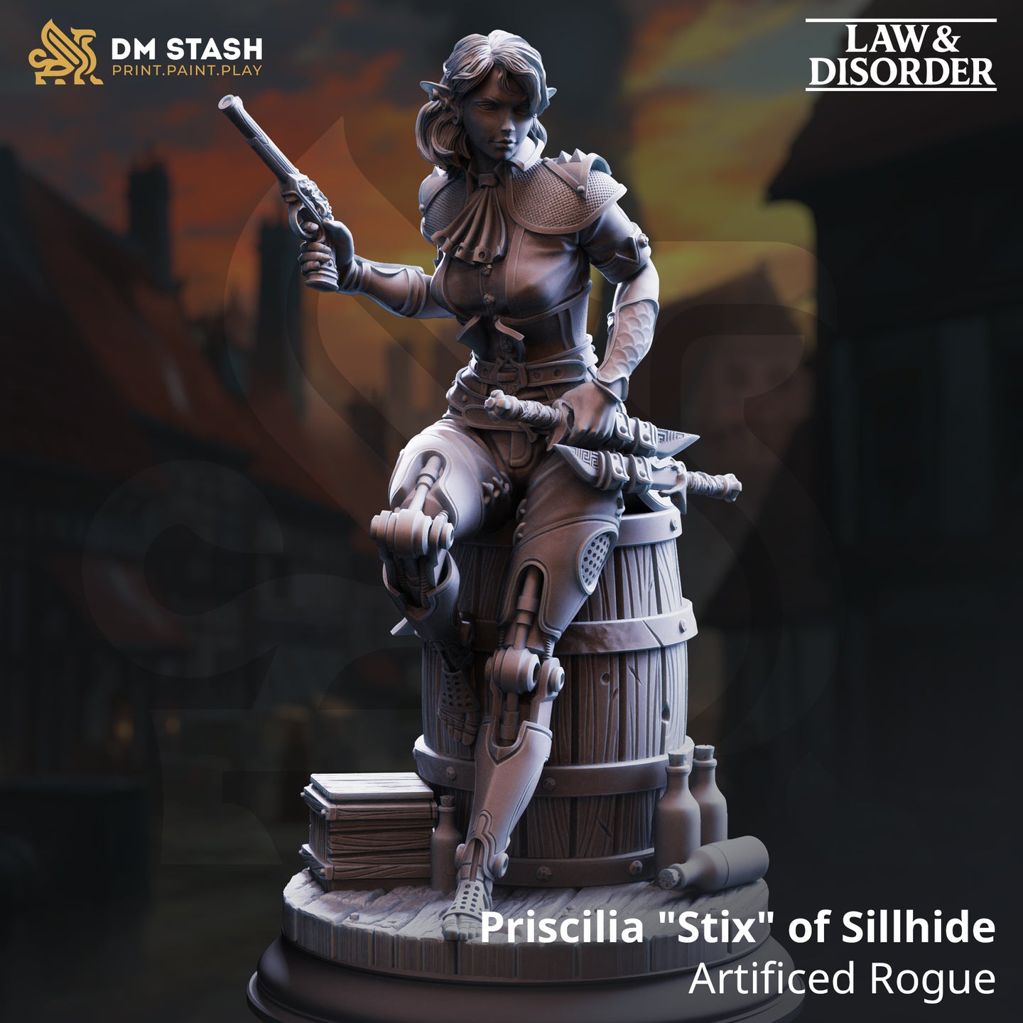 Grey resin digital render of Priscilia Stix of Sillhide, a half-elf artificed rogue seated on a wooden barrel, raising a flintlock pistol, with a mechanical prosthetic leg, layered armour, sheathed blade at her hip, and a scenic base of books and bottles — from the DM Stash Law and Disorder collection