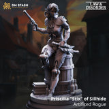 Grey resin digital render of Priscilia Stix of Sillhide, a half-elf artificed rogue seated on a wooden barrel, raising a flintlock pistol, with a mechanical prosthetic leg, layered armour, sheathed blade at her hip, and a scenic base of books and bottles — from the DM Stash Law and Disorder collection